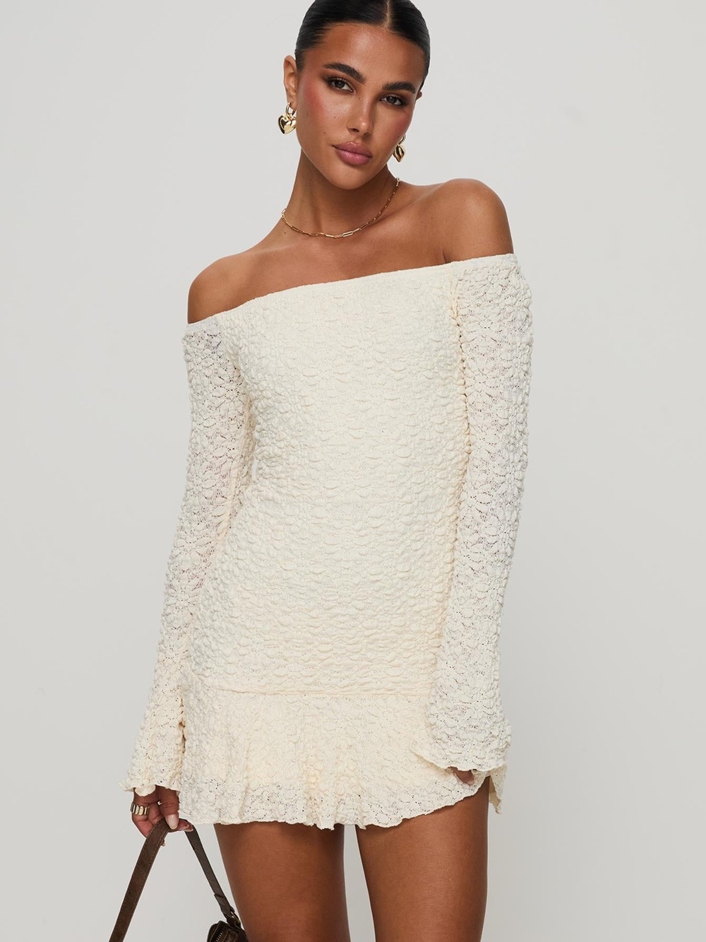 Princess Polly Cream Off-Shoulder Textured Mini Dress